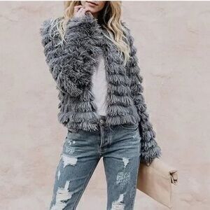 Womens Fall Open Front Cardigan Faux Fur Coat Shaggy faux fur Jacket Warm Coat